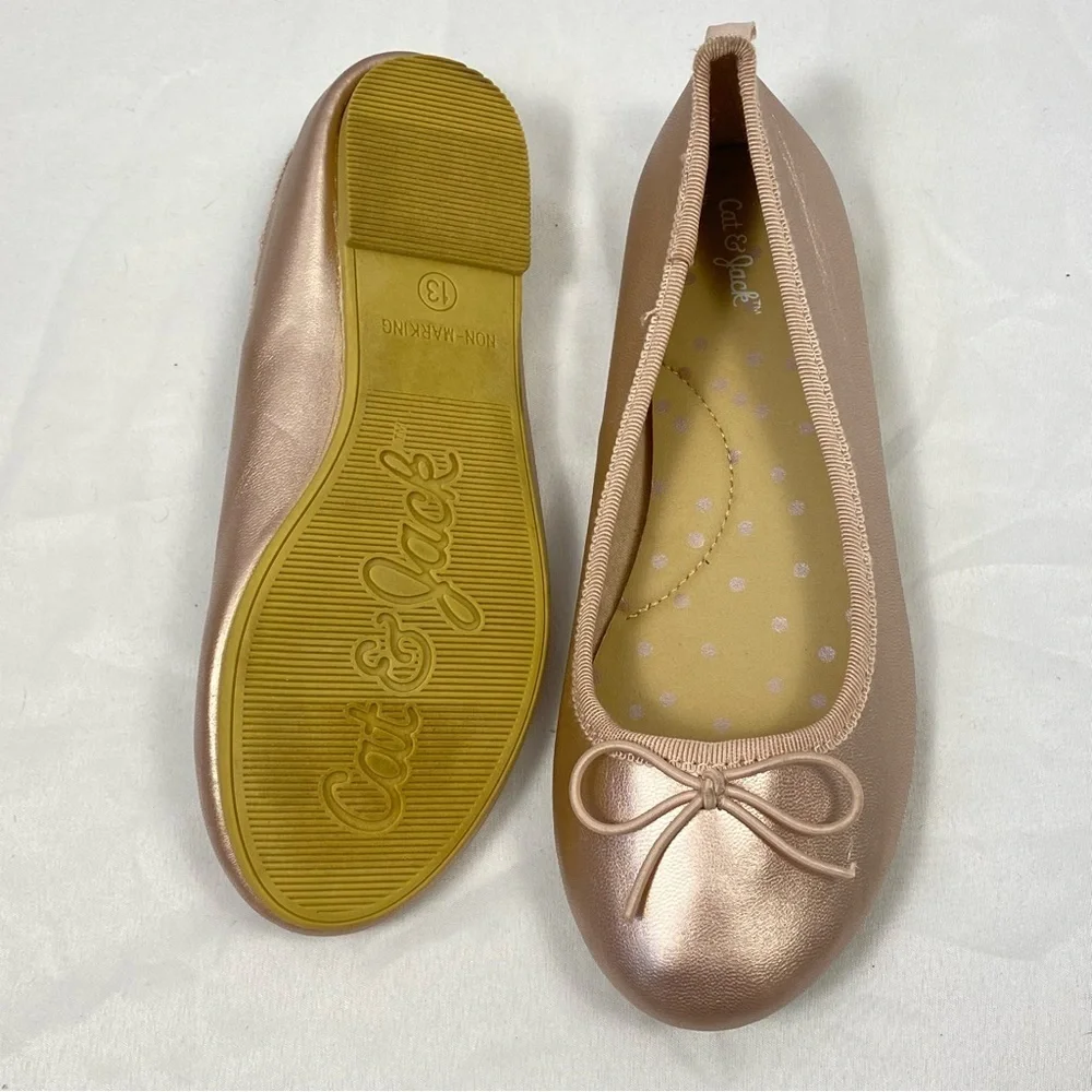 Cat & Jack Girl Chic Ballet Flats with Bow Accent Rose Gold Metallic Size 13